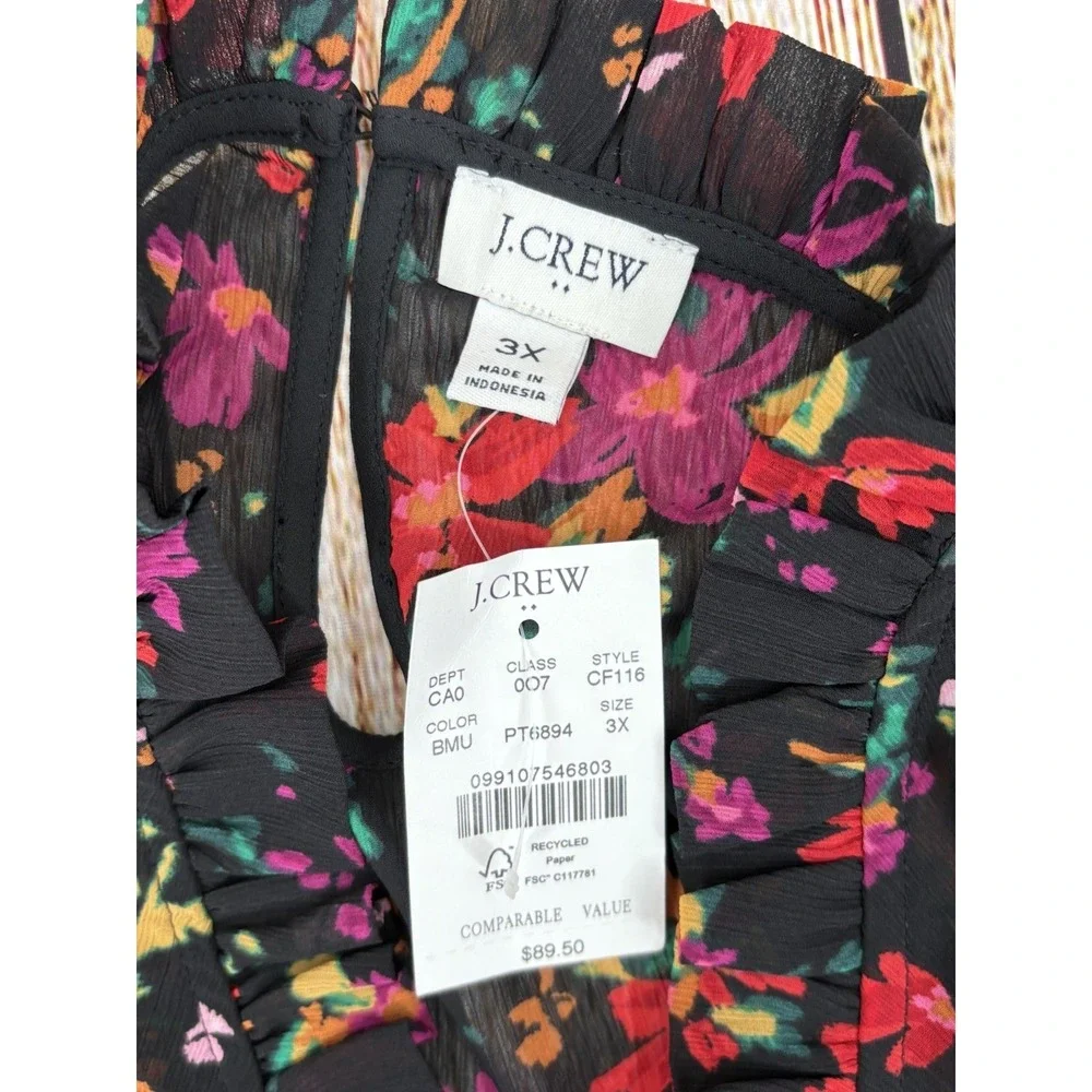 J Crew Floral Ruffle Neck Top Blouse Size 3X Black Multicolor Long‎ Sleeve NWT